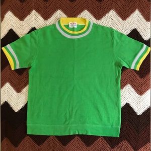60s 70s Miss Holly green yellow short sleeve ringer shirt top medium large